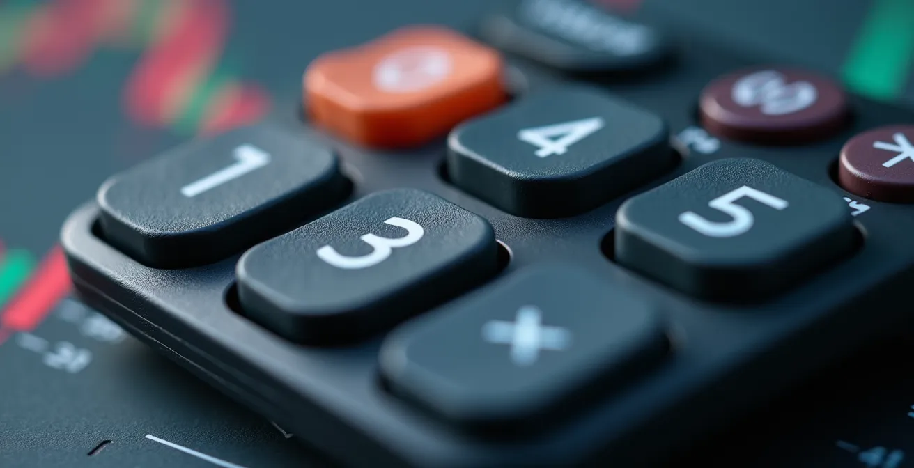 Vue macro d'une calculatrice professionnelle avec des graphiques financiers flous en arrière-plan