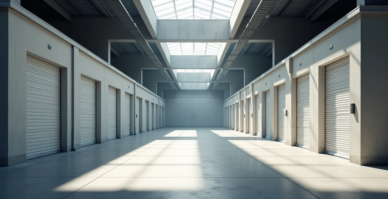 Vue large d'un espace de stockage moderne avec architecture épurée et jeu de lumière naturelle