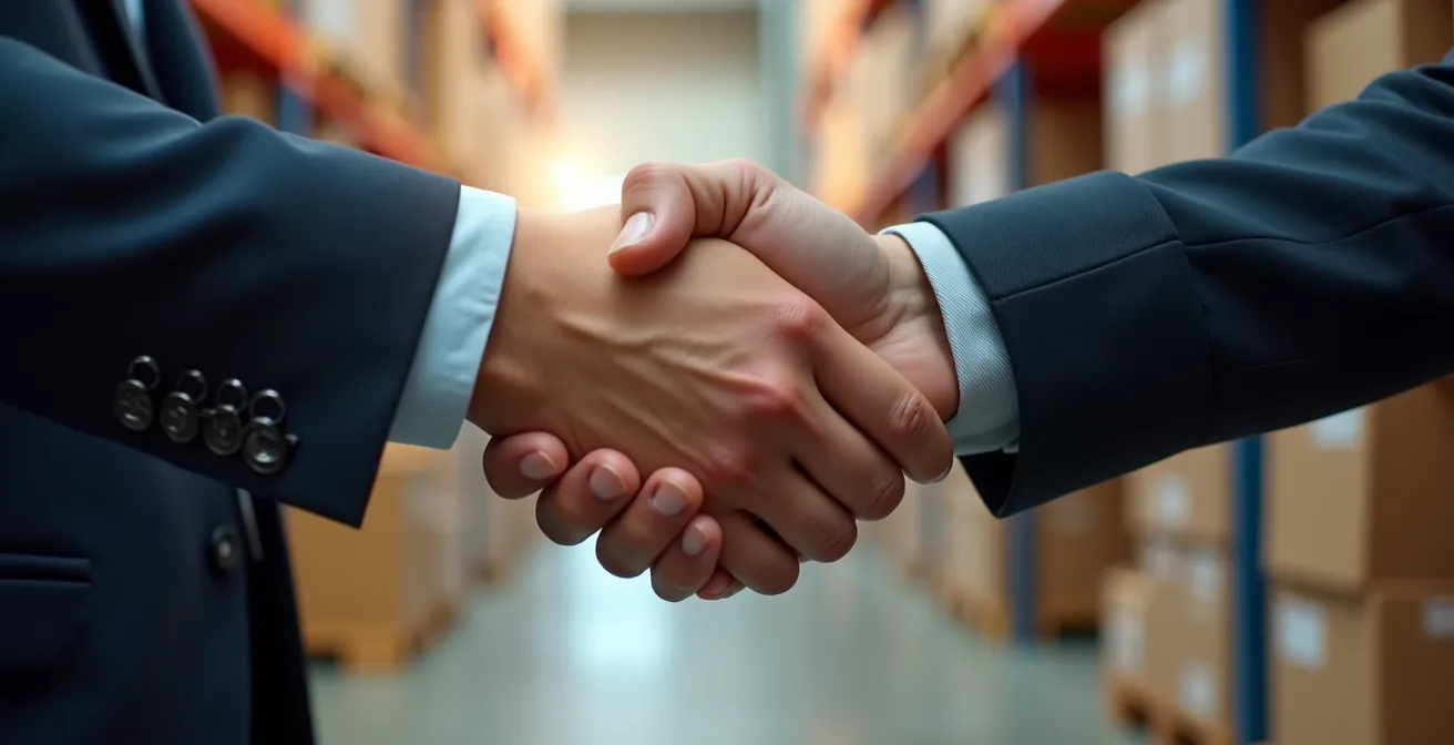 Poignée de main professionnelle symbolisant un partenariat réussi dans un environnement d'entrepôt