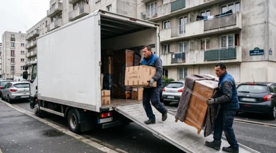 Déménageurs professionnels chargeant des meubles et cartons dans un camion de déménagement devant un immeuble de la Petite Couronne parisienne