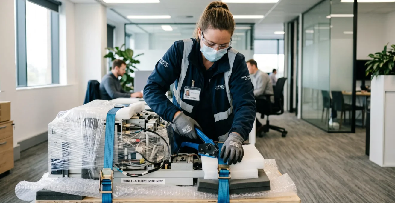 Technicien enveloppant avec précaution un équipement technique fragile dans un bureau.